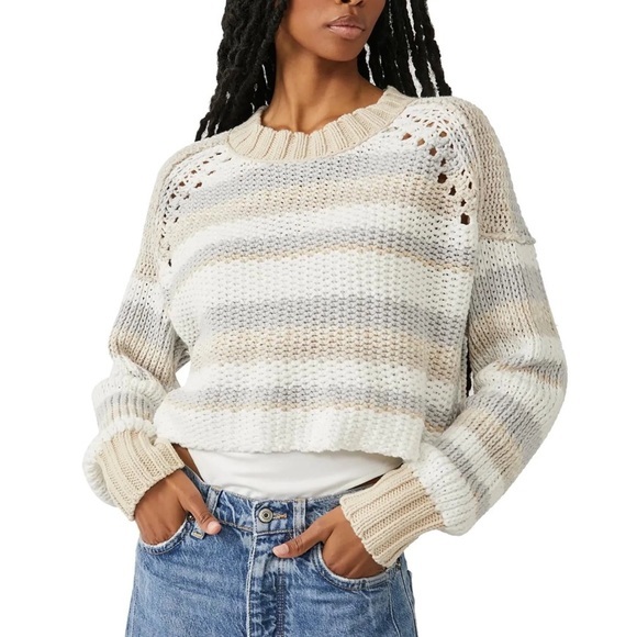 NEW FREE PEOPLE Cozy Striped Sweater in Ivory/Tan/Gray MED - Picture 1 of 5